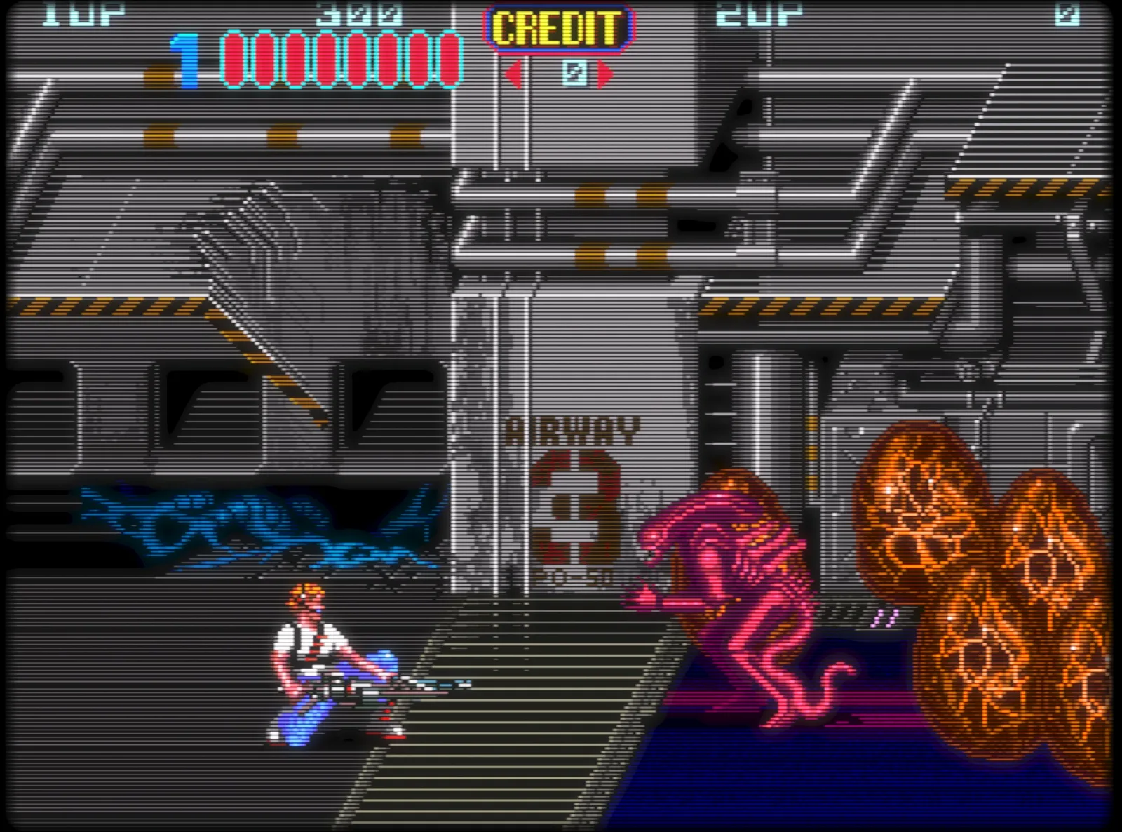 RetroArch CRT sheyderida ishlayotgan klassik arkada o‘yini